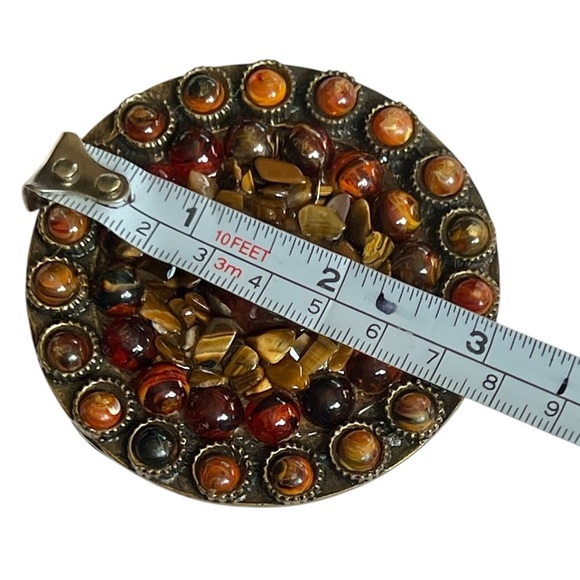Vintage 70s Brass Round Stone Inlay Belt Buckle Unisex Western Boho Tigers Eye